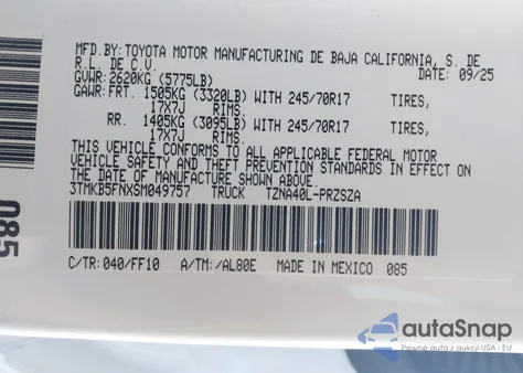 2025 Toyota Tacoma Sr5 from USA, damaged, VIN 3TMKB5FNXSM049757